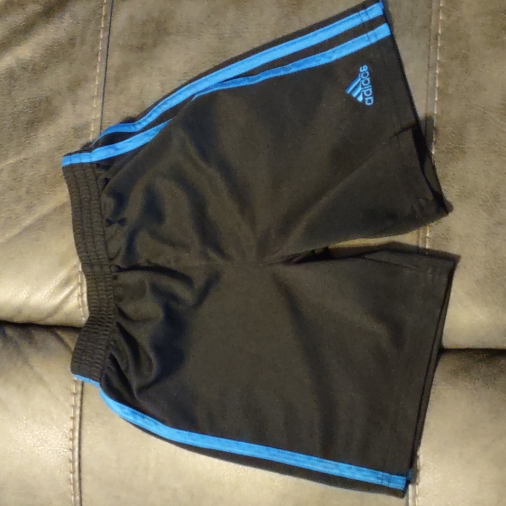 Adidas boys shorts, size 4T. Black with blue stripes.